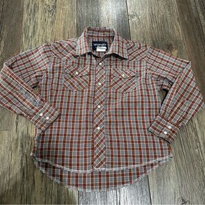 Wrangler western wear pearl snap long sleeve plaid rodeo shirt boys 5-6 small